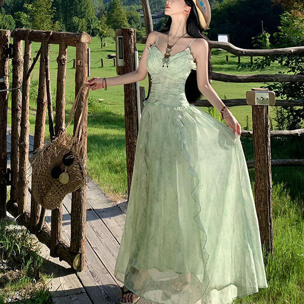 2026 Spring/Summer Designer Women's Adjustable Ruffle Fairy Style Long Skirt with Inner Chest Cushion