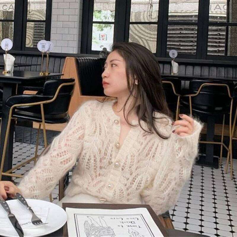 2025 French Style Mohair Cardigan Sweater Women Autumn Sexy Hollow Out Short Knitted Coats Mujer Y2K Chic Design Streetwear Tops Z260313