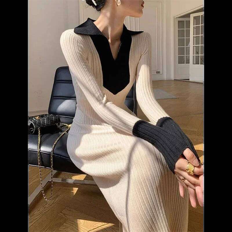 French Knit Women Autumn New Arrival Long-Sleeve Elegant Lady Long Base Sweater Dress Z260313