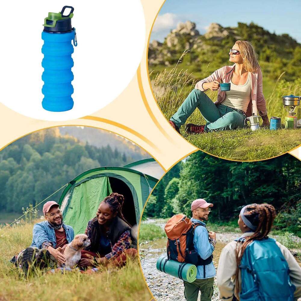 Silicone Foldable Cup with Lid Leak Proof Portable Water Bottle for Travel Camping Hiking Picnic Backpack Emergency Kit Z260313