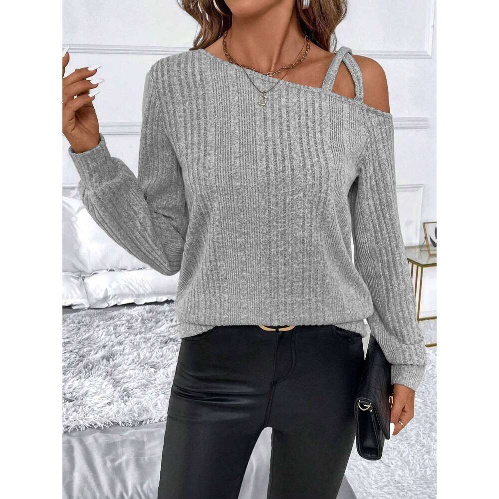 Women's Ribbed off-the-shoulder neck thermal-lined pullover sweater, suitable for daily wear in autumn and winter. Z260313