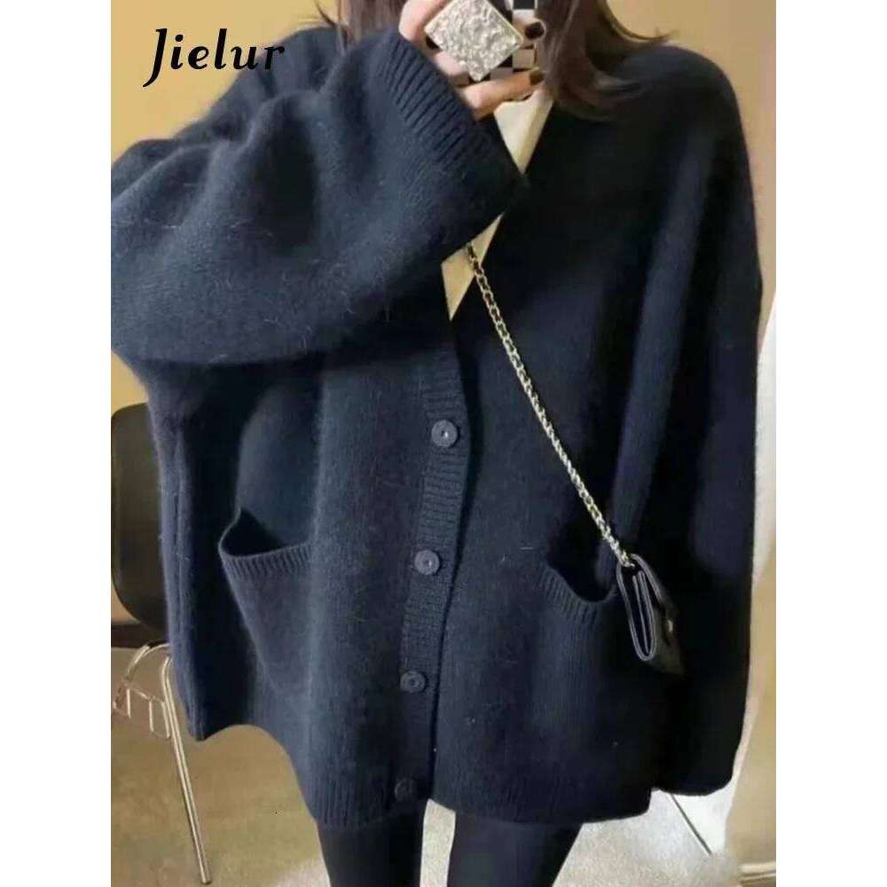 Korean Black Chic V-Neck Single Breasted Knitted Women New Fashion Pure Color Long Sleeves Loose Casual Female Cardigan Z260313