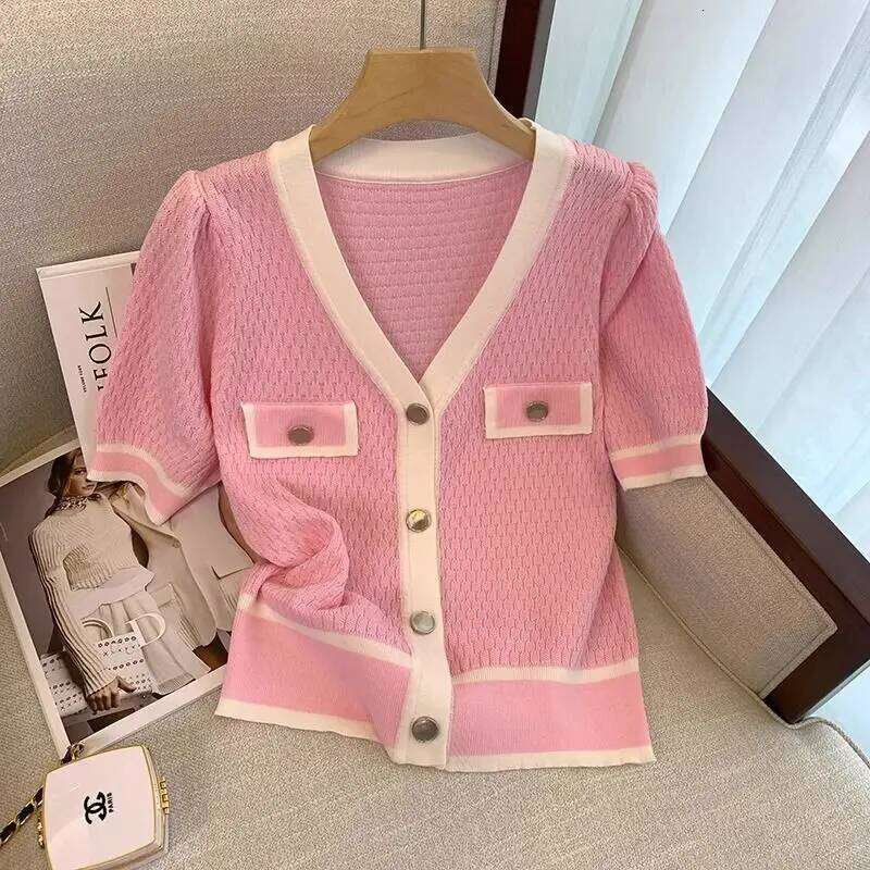 White Black Pink Knitted Cardigan Women Summer Knit T-shirt Short Sleeve Single-breasted Pocket Design Tops Chic Tees V-neck New Z260314
