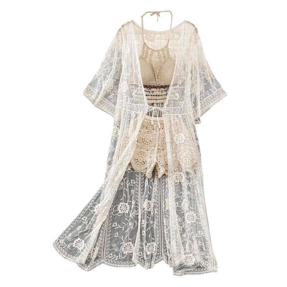 2026 A15 Designer Seaside Vacation Fashion Set Lace Embroidery Medium length Sunscreen cardigan Tank Top Wide Leg Shorts
