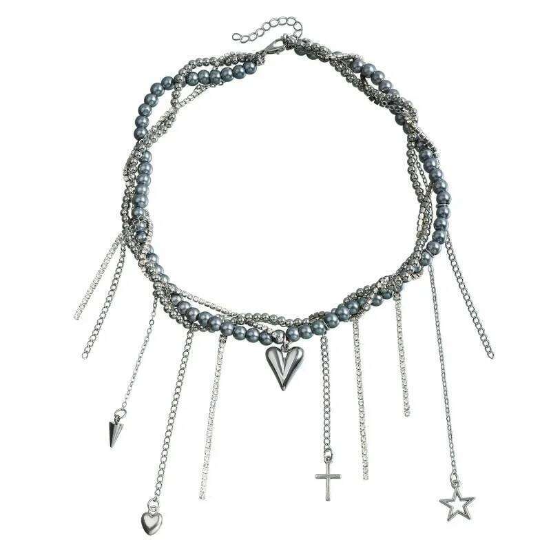 2025 Multilayer Vintage Star Heart Tassel Link Pendant Choker Necklace Creative Imitation Pearl Chain Party Jewelry Gifts H260312