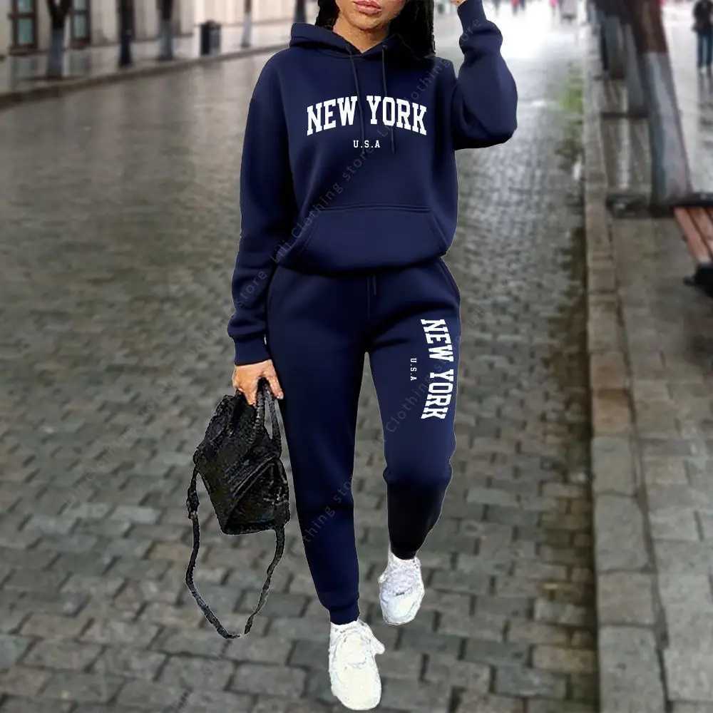 NEW YORK Womens TraCKsuit Autumn Winter Hoodies Trousers 2PCS Suit Sports Jogging Street CloTHes Women Pants Sets M260313