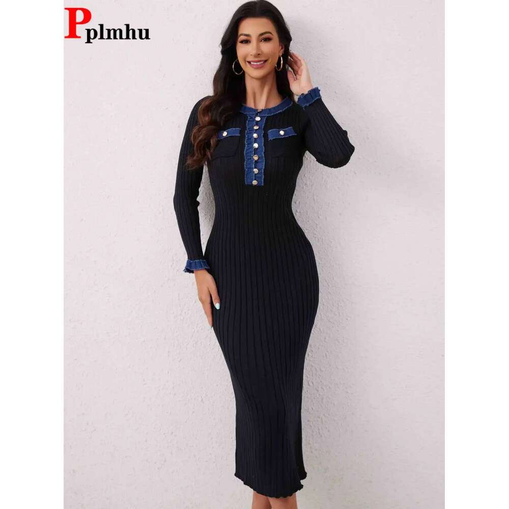 Korean Design Knitted Slim Sweater Dress Fall Winter New Long Sleeve Knit Dresses Women Elegant O-neck Sexy Knitwears Vestidos Z260314