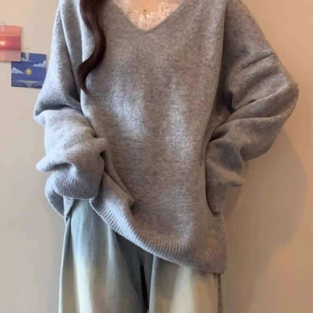 Elegant V-Neck Lace Patchwork Sweaters Women Fashion Office Lady Solid Loose-Fit Soft Knitted Pullover Z260313