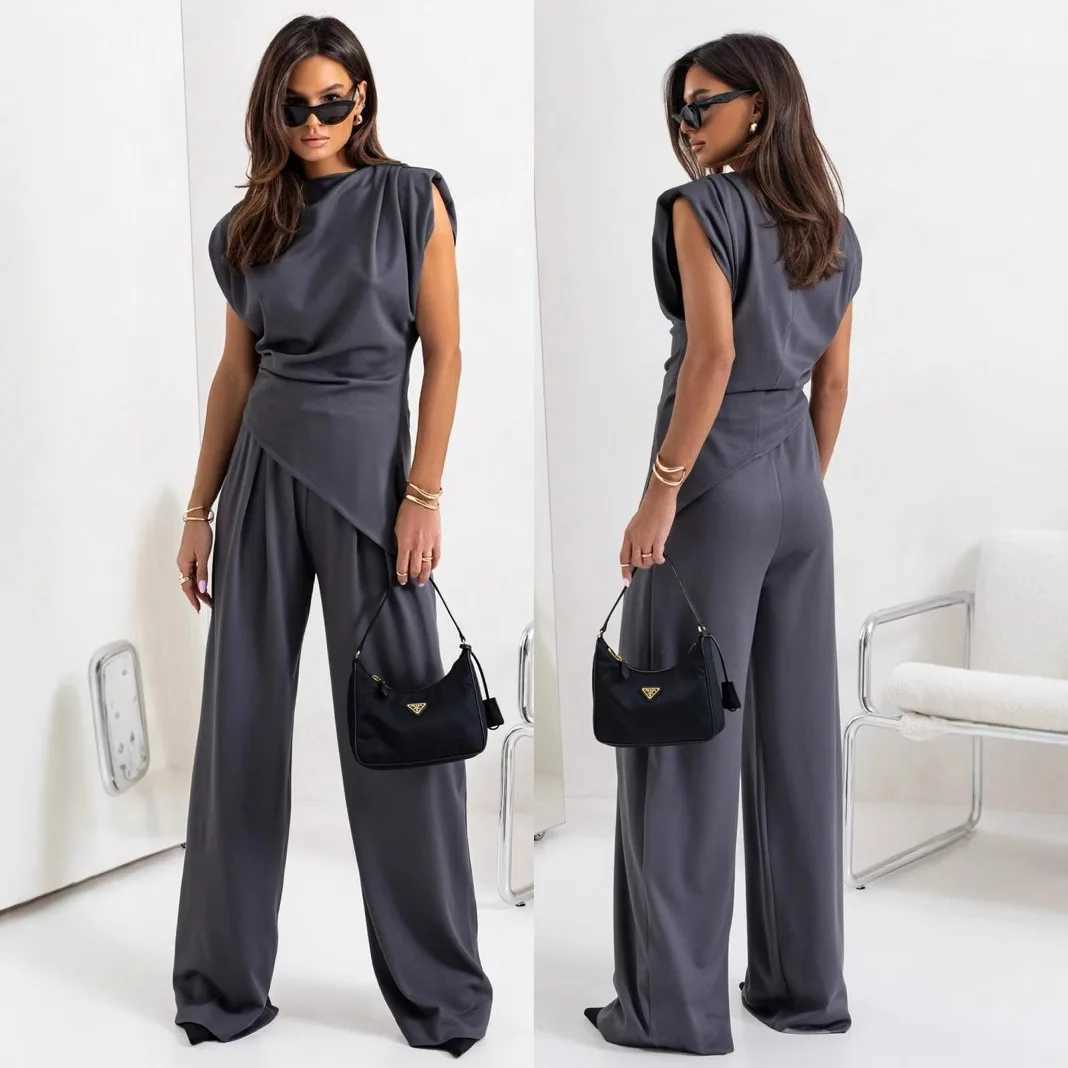 Fashionable Solid-Color Irregular Short-Sleeved Set Stylish Unisex Design for Comfortable Wear M260313