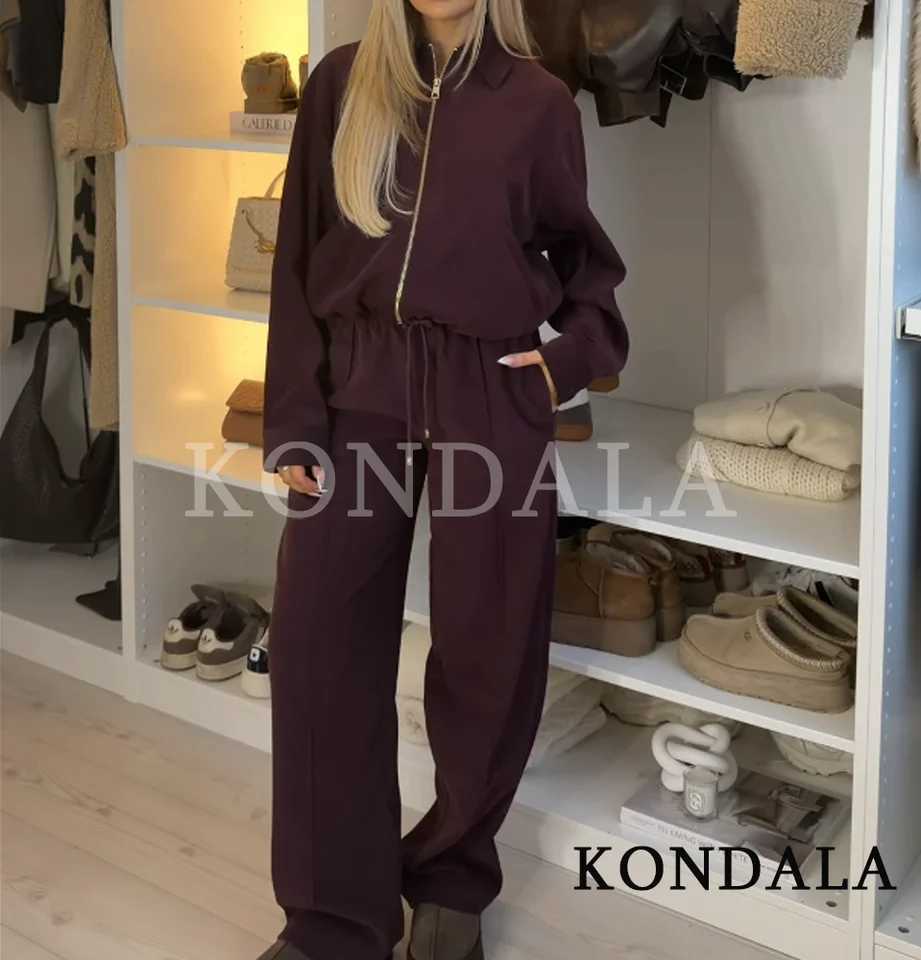 KONDALA Trendy Casual Pants Set Women Elegant High Street Loose Lapel Zipper Jacket Drawstring Trousers 2026 Spring Holiday Set M260313