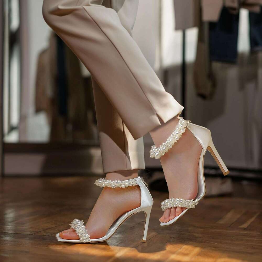 Women S Pearl Stiletto Heels Sandals Sexy Open Square Toe Sparkly Ankle Back Zipper Bridal Satin Wedding Party Dressy Heels Shoes MOJIDASHU
