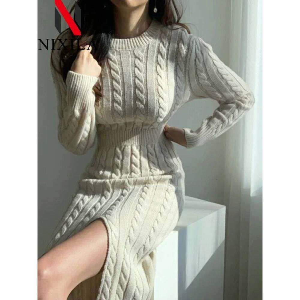 Spring Autumn Women Knitted Tops Pullover Skirt V-neck Long Sleeves Slim Sweater Dress Fashion Elegant Female Clothing Z260313
