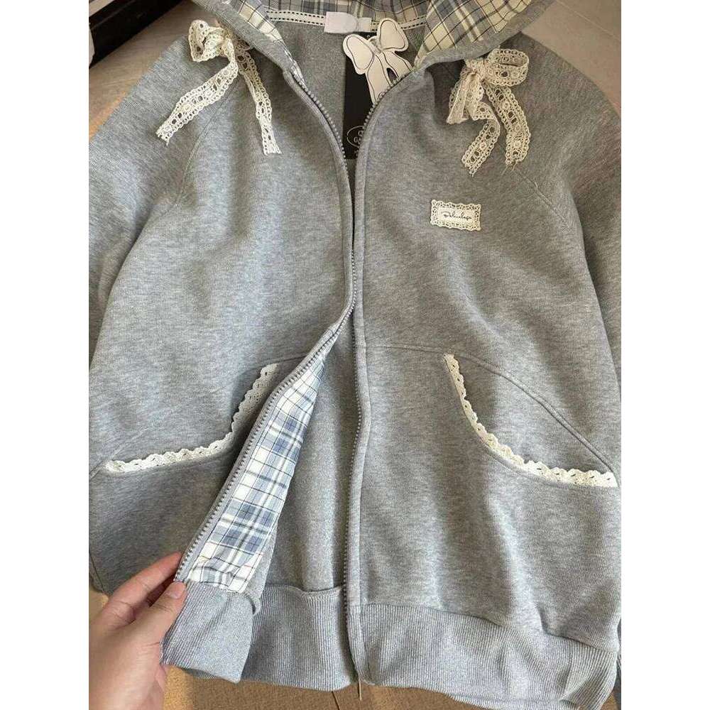 Zoki Lace Patchwork Hoodies Women Cute Bow Sweatshirt Japan Preppy Style Sweet Loose Long Sleeve Female Gray Outwear Z260314