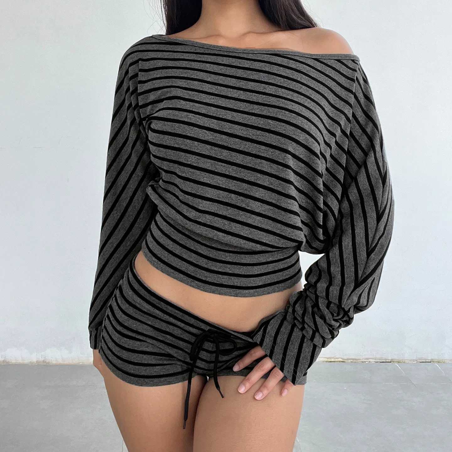 Women Summer 2 Piece Outfits Fall Stylish Long Sleeve Off Shoulder Striped Crop Tops and Elastic Waist Shorts Set Y2k Clothes M260313