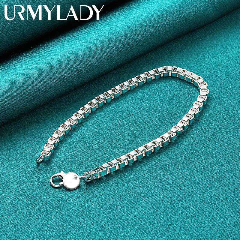 URMYLADY 925 Sterling Silver 4mm Box Chain Bracelet For Men Women Wedding Party Charm Jewelry Z260313