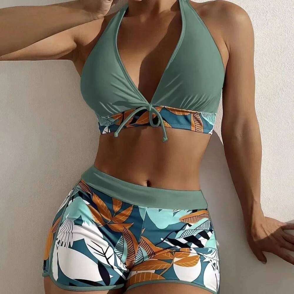 Fashion Printed Swimsuit Women Spliced Lace Up Sporty Surfing Bikini Set Bathing Suit Beachwear Swimwear Female Swimming Suits Y260303