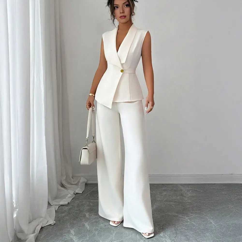 Comfortable Spring Suit Womens 2 Piece Suit Set Sleeveless Blazer Vest Wide Leg Pants Outfit Casual Office Workwear Dressy M260313
