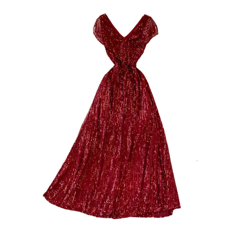 2026 sequin evening gown elegant V-neck dress for hosting and performances, long party dress with high waist, slim c10 fit and wide hem