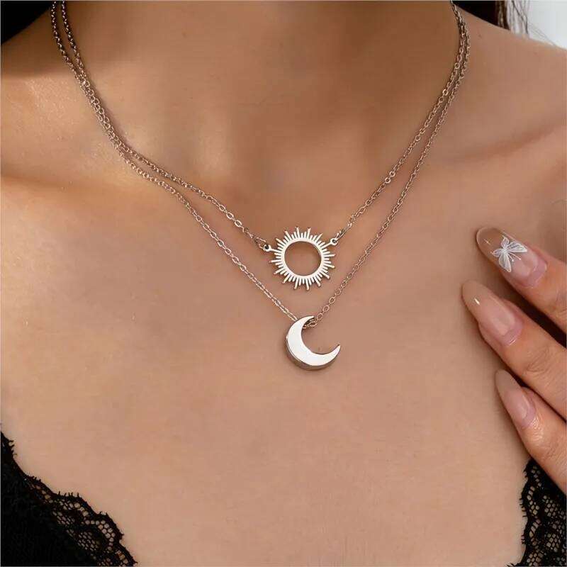 Elegant Bohemian Style 18K Golden Plated Sun & Moon Pendant Necklace for Women Double Choker Neck Party Jewelry Gifts H260312