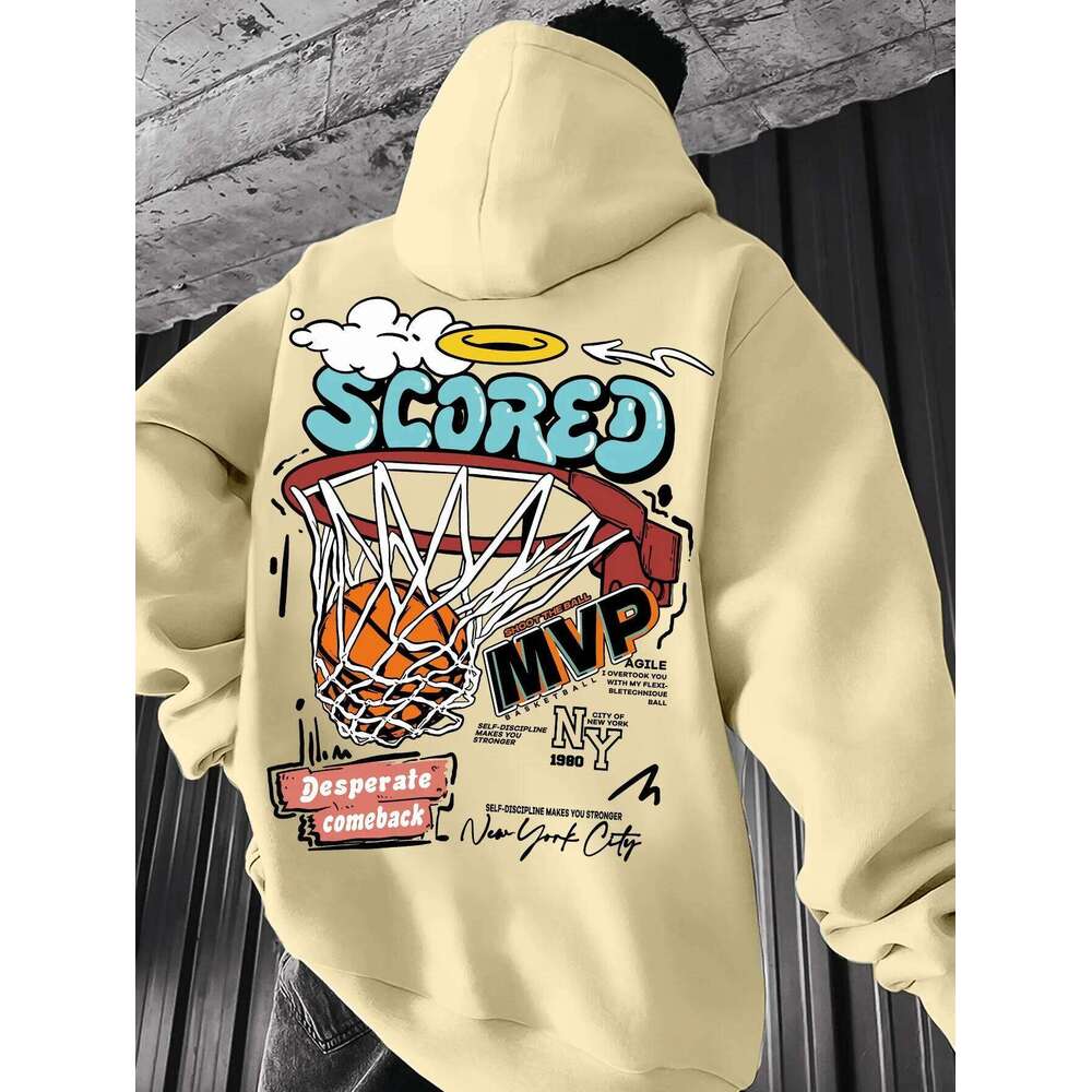 Casual MVP Basketball Graphic Hoodie for Men - Knitted Fabric Regular Fit with Slight Stretch Z260314