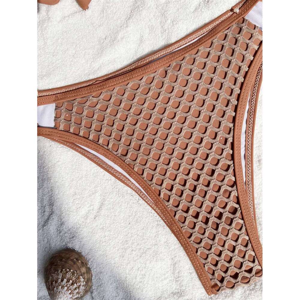 sexy coffee lattice push up bikinis sets two pieces 2024 women tie backless high waist swimsuits bathing suits biquini tankini Y260303