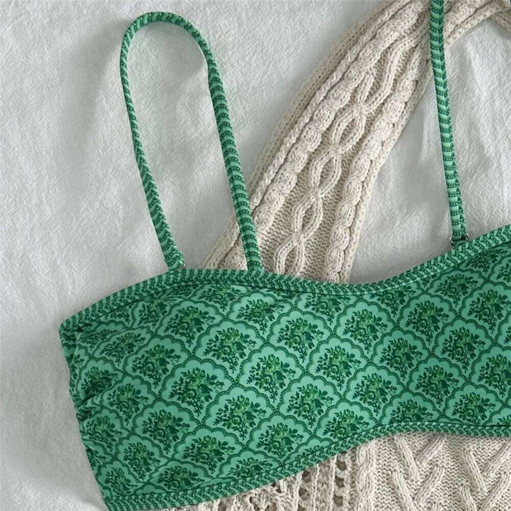 Green Vintage Floral Print Swimwear Bandeau Bikinis Sets Micro Thong Sexy Swimsuit Women 2026 Bathing Suit Bikini Mujer Biquinis Y260303