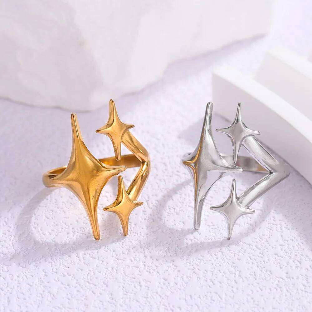 LATS Stainless Steel Y2K Celestial Star Open Rings for Women Men Unique Design Gold Silver Color Adjustable Ring Fashion Jewelry H260312