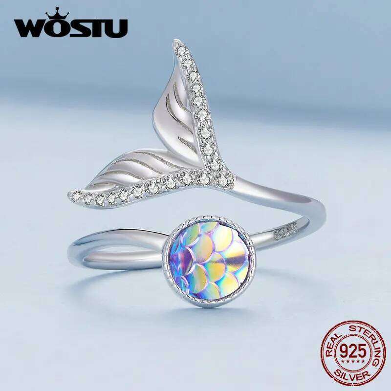 WOSTU 925 Sterling Silver Summer Rainbow Mermaid Scales Open Rings For Women Full of Zircon Fish tail Adjustable Ring R429 H260312