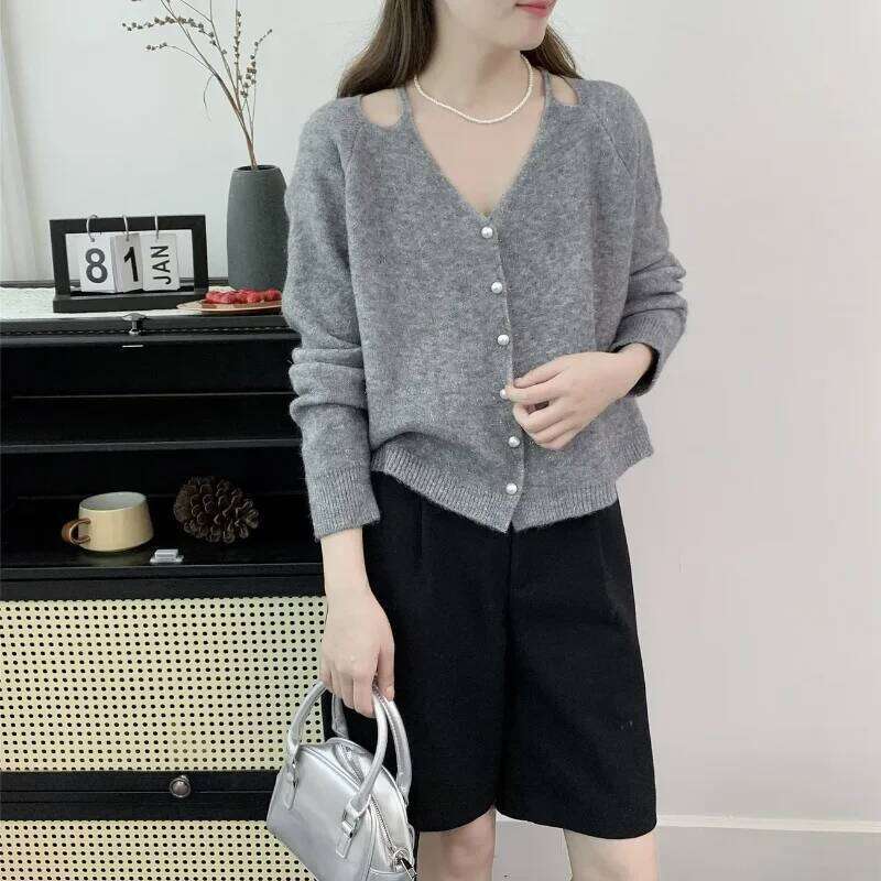 V-neck Knitted Cardigan Women's Autumn and Winter Solid Color Long-sleeved Fashion Top Z260313