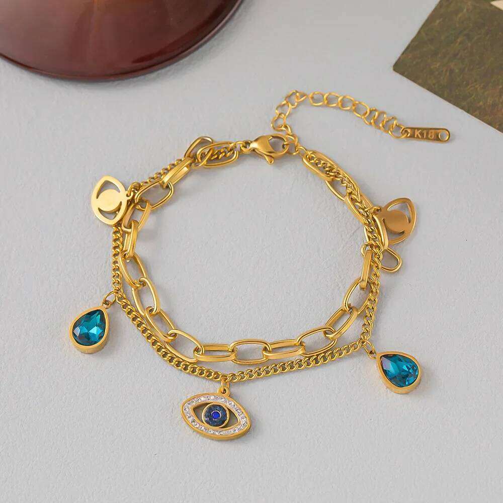 Stainless Steel Double Layer Evil Eye Charm Bracelet For Women Girl Luxury Vintage Bangle Birthday Party Wrist Jewelry Gift New Z260313