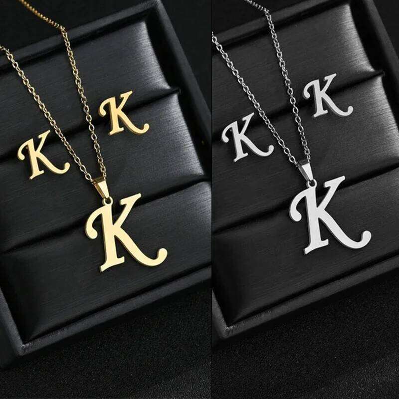 Fashion Stainless Steel A-Z Alphabet Initial 26 English Letter Earrings Necklace For Women Set Personalize Jewelry Gift H260312