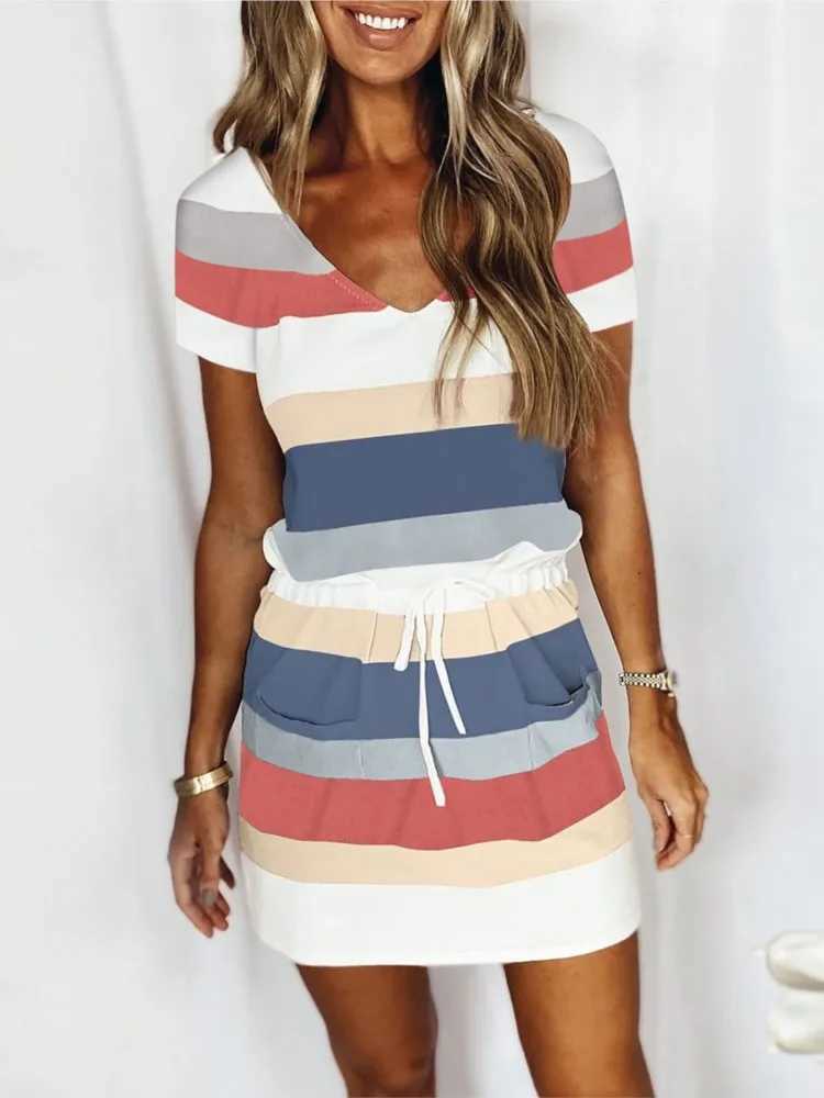 Summer New Stripe Print Mini Dresses Women Comfortable Casual V-neck Drawstring Elastic Waist Dress Lady Commuting Style VestidoT260314