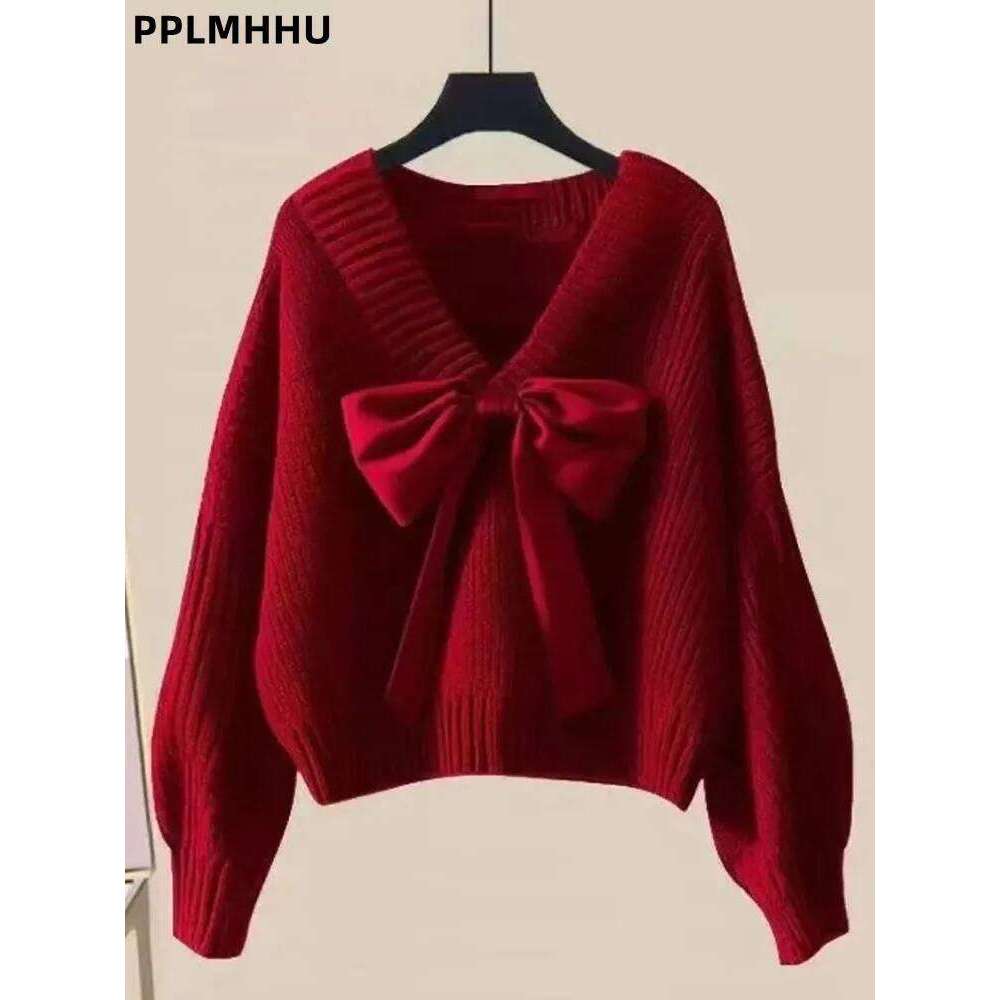 Bow Fashion Korean Knitted Sweater Women's Casual Baggy Long Sleeved V-neck Jumpers Soft Loose Warm Knitwear Pullovers Z260314
