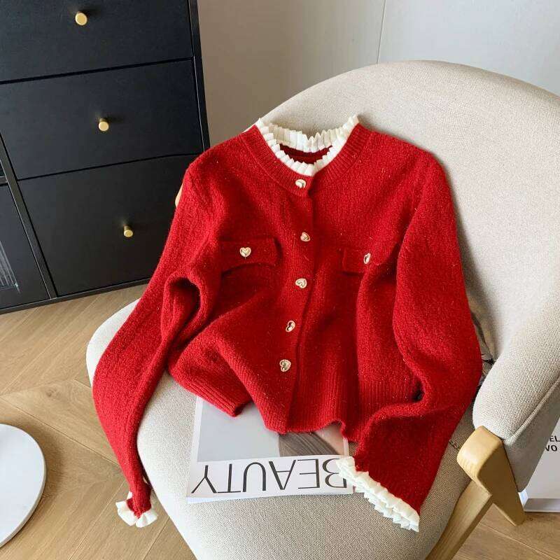 New 2024 Autumn Winter Cashmere Sweater Korean Style Casual Ruffles White Pink Red Long Sleeve Knitted Cardigans For Women Z260313