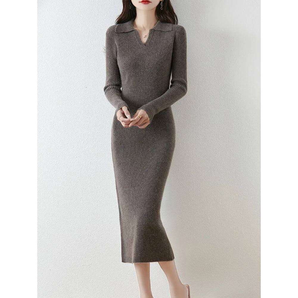 High-end 100% Pure Wool Pulllover Dress Women Slimming New Turn-down Collar Autumn Winter Knitted Inner Layer Long Skirts Z260314