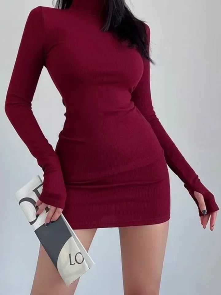 Red Half Turtleneck Mini Dress Women Y2K Long Sleeve Sexy Slim Bodycon Dress Fall Winter Ladies Streetwear Party Club VestidosT260316