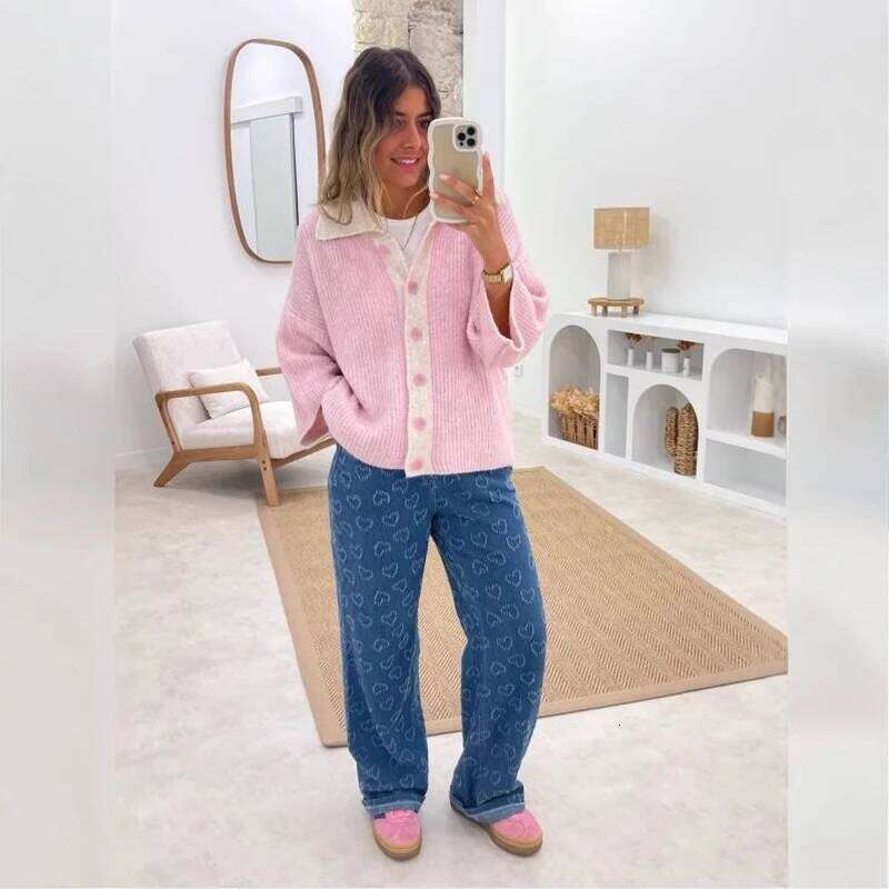 2025 Women Jeans Straight Pants Streetwear High Waist Heart Hook Flower Button Pockets Washed Distressed Vintage Trousers Denims Z260313