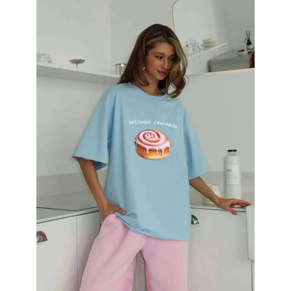 Sweet Cake Russian Letter Print Blue White Short Sleeve Women's T-shirt Vintage American Fashion 100% Cotton Summer Tshirt 2025 Z260314