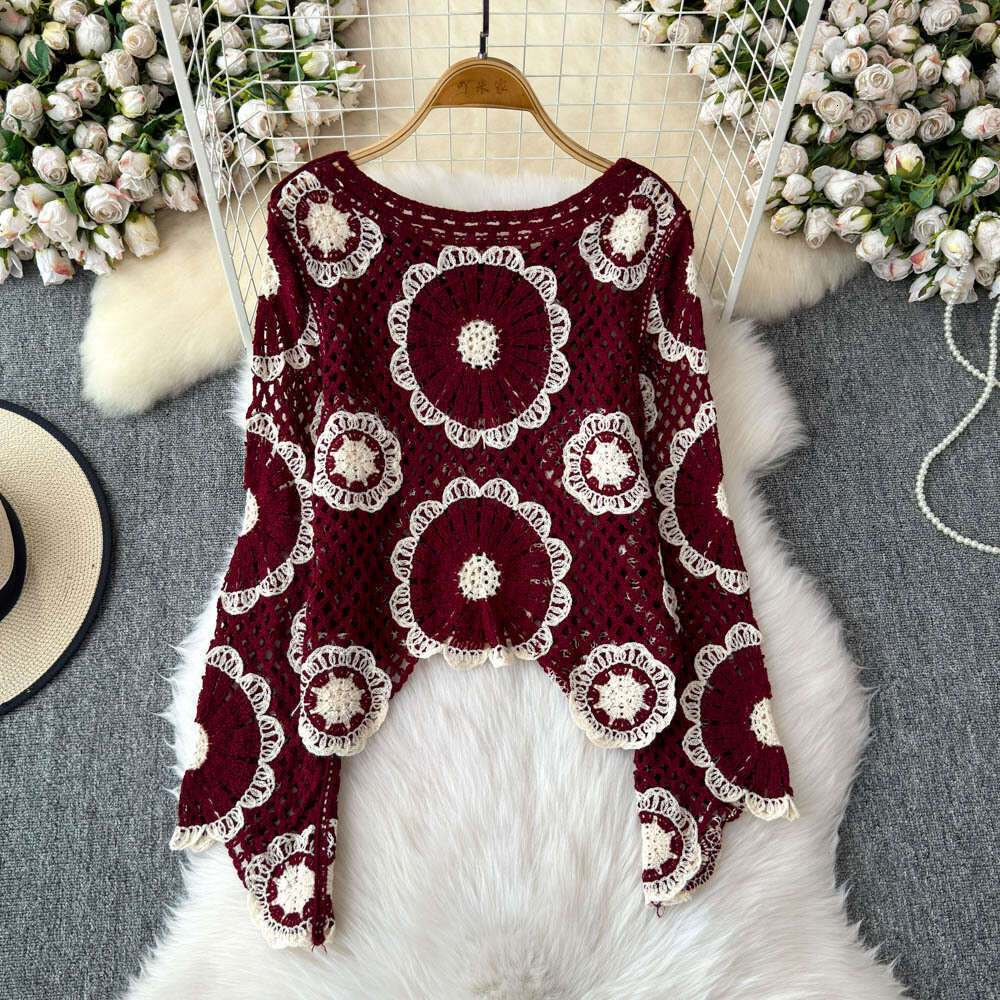 2026 autumn and winter A13 bohemian retro casual multifunctional loose hollow crochet tassel knitted long sleeved cardigan