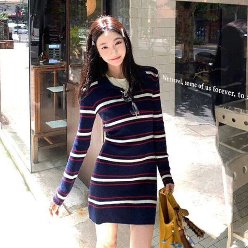 Striped Knitted For Women New Autumn Fashion Long Sleeve Color Blocking Waist Cinching Slim Fit Sexy Bodycon Short Dress Z260314