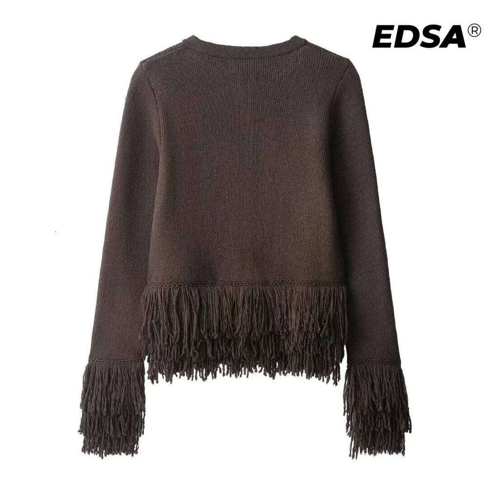 EDSA Women Fringed Knitted Cardigan with Single Button Long Sleeves Round Neck Open Stitch Sweater Tops Z260313