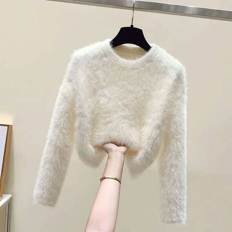 Fuzzy Pullover Women Soft Plush Solid Color Simple Sweater White Mink Fur Sweet Loose-Fit Warm Sweaters Knitwear Jumpers Z260313