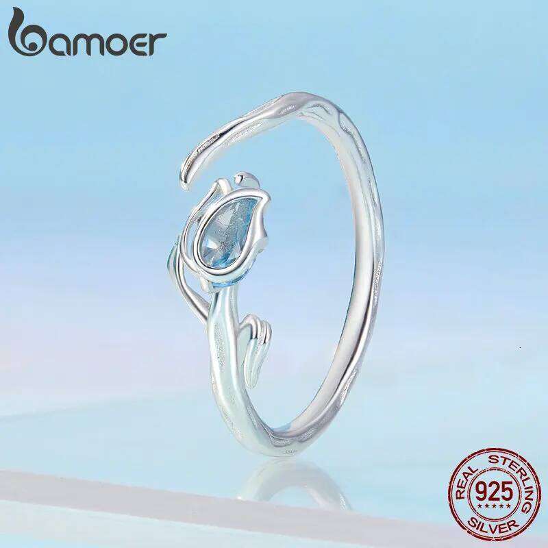 Bamoer 925 Sterling Silver Blue Tulip Opening Flower & Vine Adjustable Ring for Women Birthday Party Romantic Fine Jewelry H260312