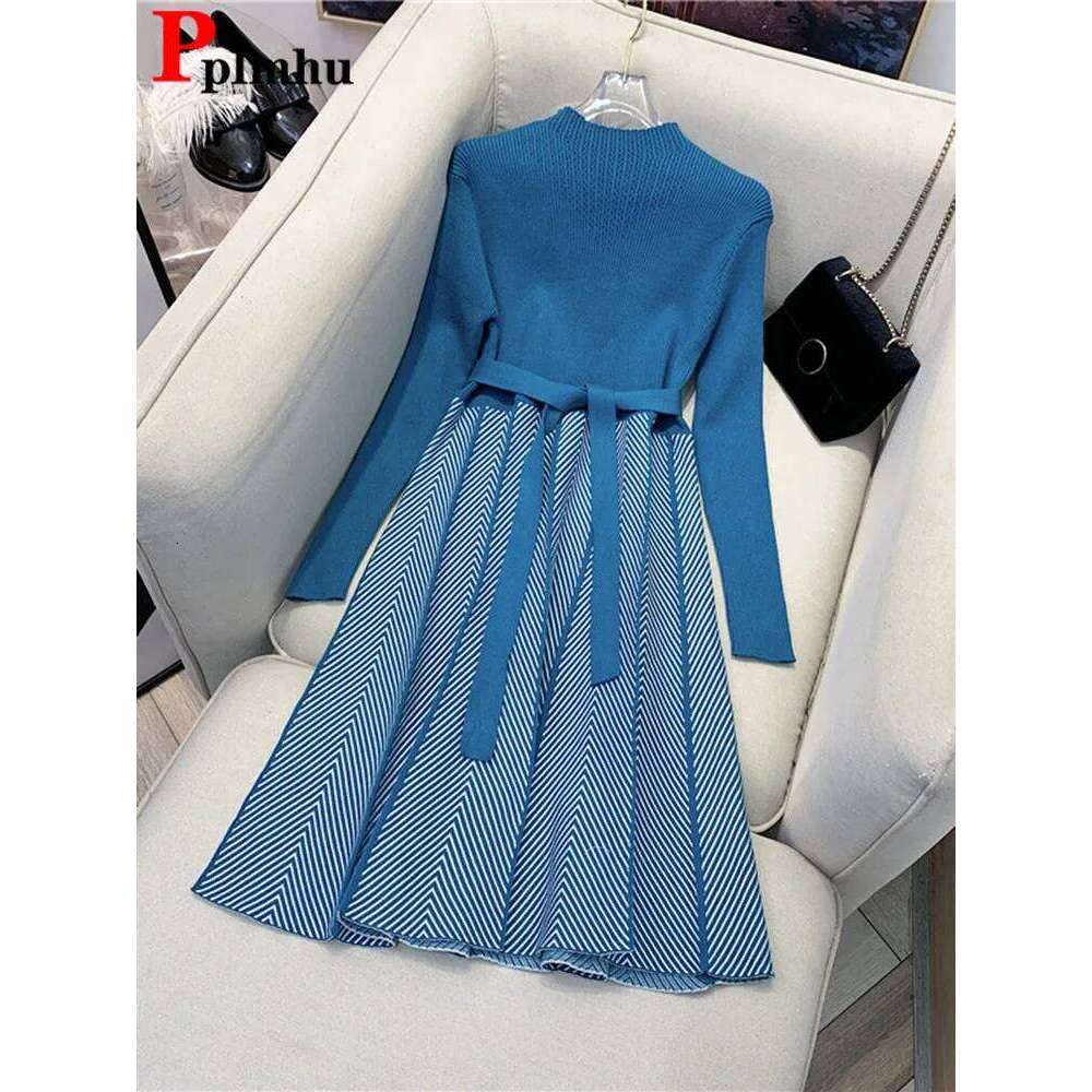 Women Elegant Knitwear Knee Length Vestidos Korean Stripe Knitted Midi Dresses With Belt Spring Fall Slim Long Sleeve Elbise New Z260313