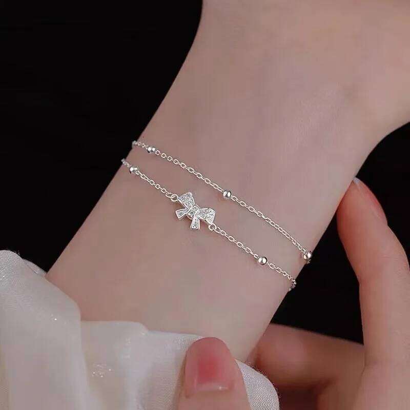 Luxury 925 Sterling Silver Zircon Bow Bracelets For Women Girls Fashion Korean Double Layer Bead Bracelet Party Wedding Jewelry Z260313
