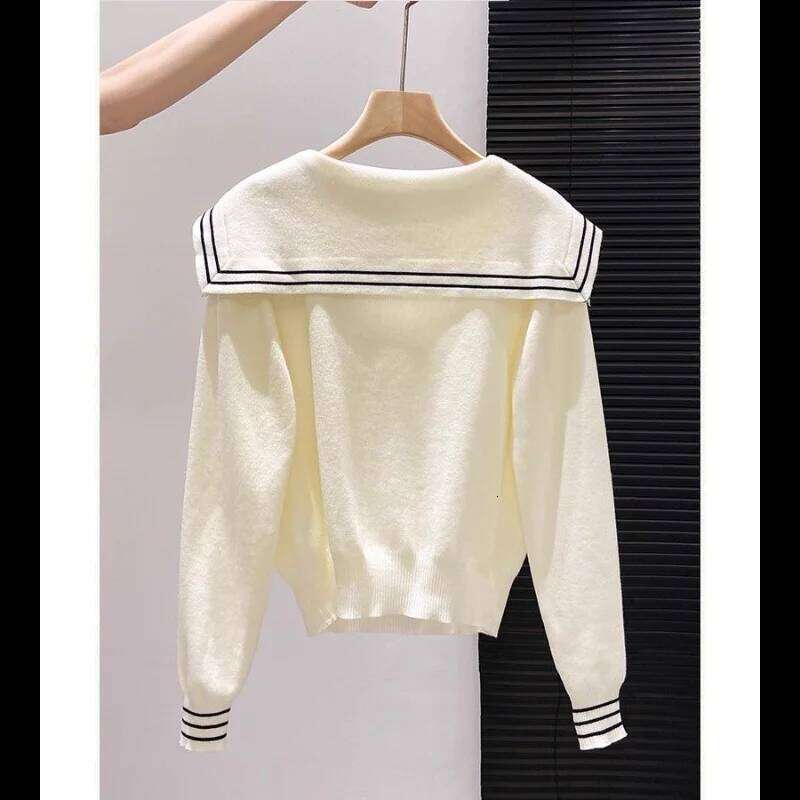 Navy Collar 2025 Autumn Women's New Spliced pullover Knitted Sweater Versatile Design Fashionable Long-sleeved Top Z260313
