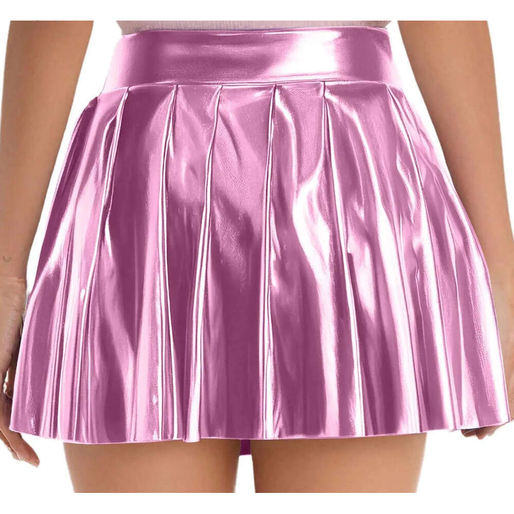 Womens Metallic Shiny Pleated Short High Waist Side Zipper Ruched Holographic A-line Mini Skirt Disco Rave Party Costume Z260314