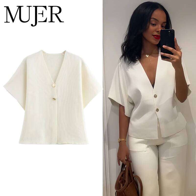 MUJER 2025 Cropped Cardigan Woman White Knitted Sweater Cardigans for Short Sleeve Knitwear Women Tops Summer Outerwears Z260313