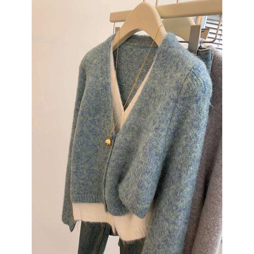 Zjaiss Women Lazy Style False Two-piece Cardigan 2026 Korean Elegant V-Neck Knitted Sweater Chic Spring Autumn Casual Grey Top Z260313