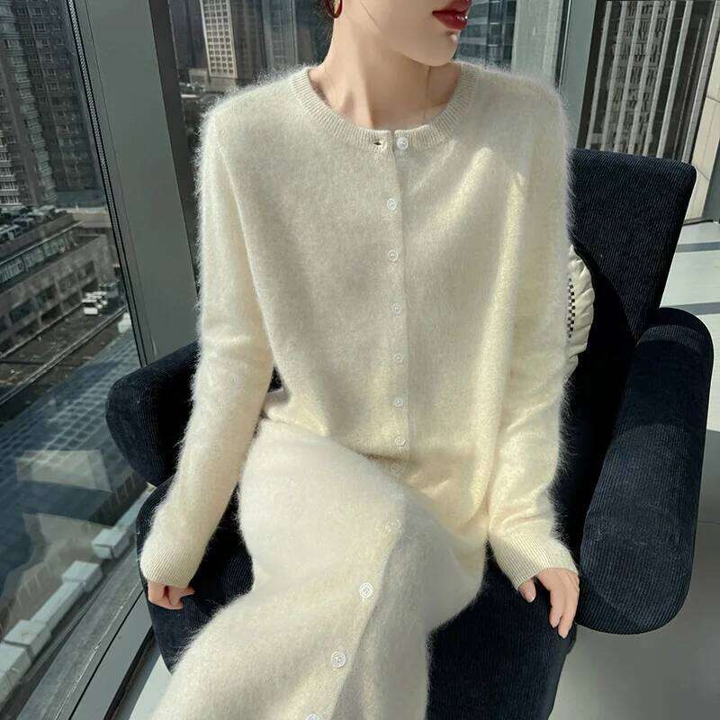 Fall/Winter 2025 Loose New Mink Cashmere Lapel Long Dress Knitted Plus Size Sweater Z260313